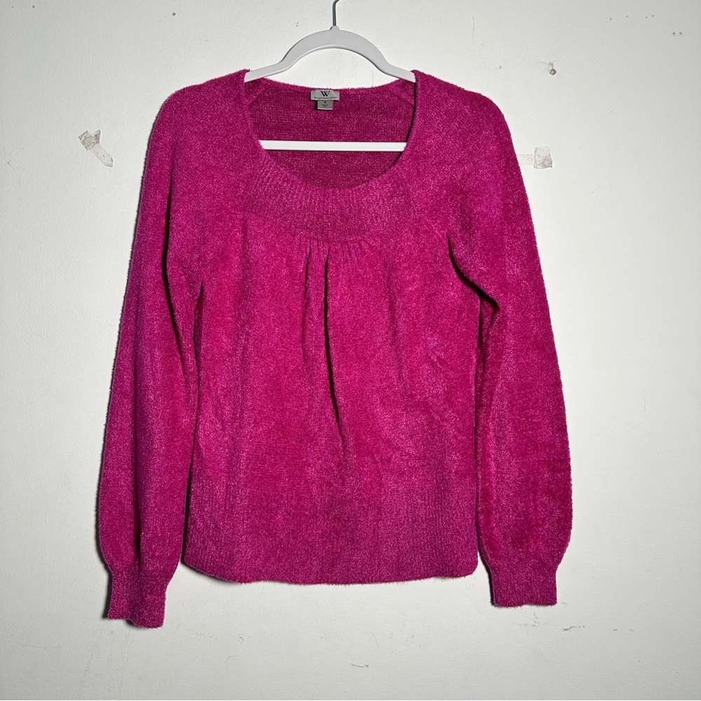 Worthington Fuchsia Scoop Neck Fuzzy Pink Shimmer Sweater Small Blouson Sleeve - Picture 11 of 13